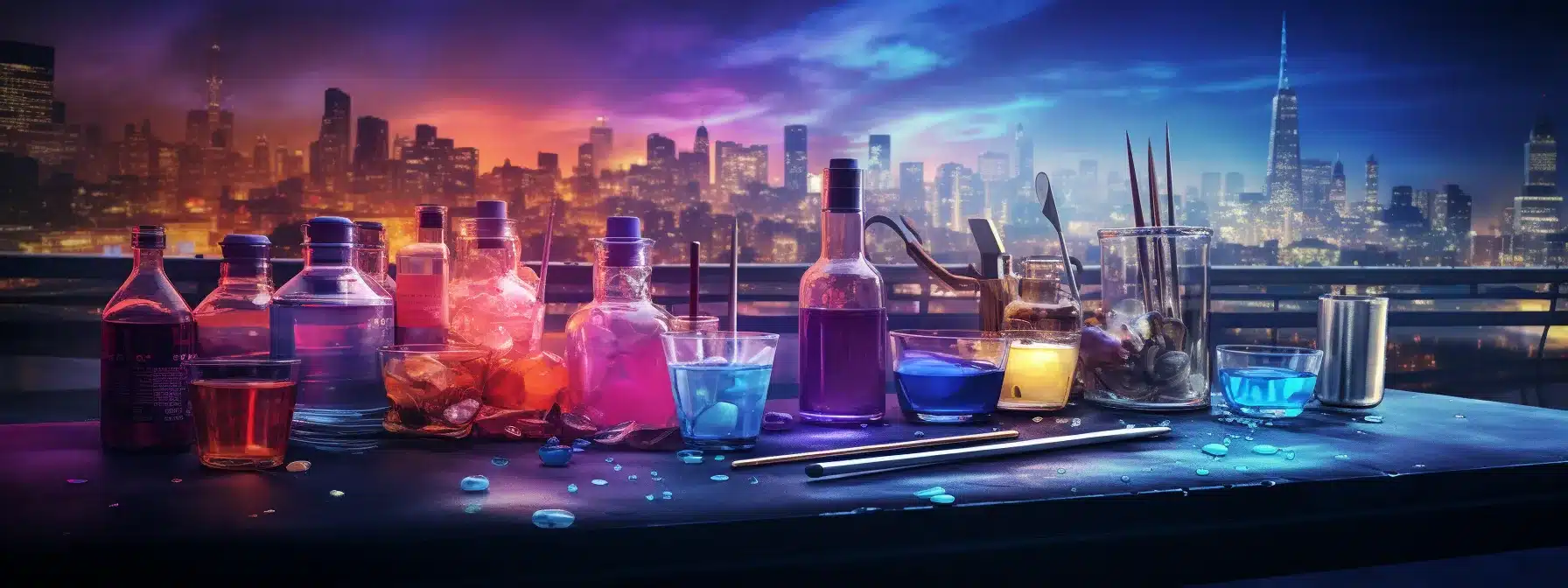 A Vibrant Cityscape With Dazzling Lights Representing Graphic Design Elements, Surrounded By A Master Painter'S Palette Filled With Vibrant Colors And A Potion Master Concocting An Irresistibly Sweet Syrup.