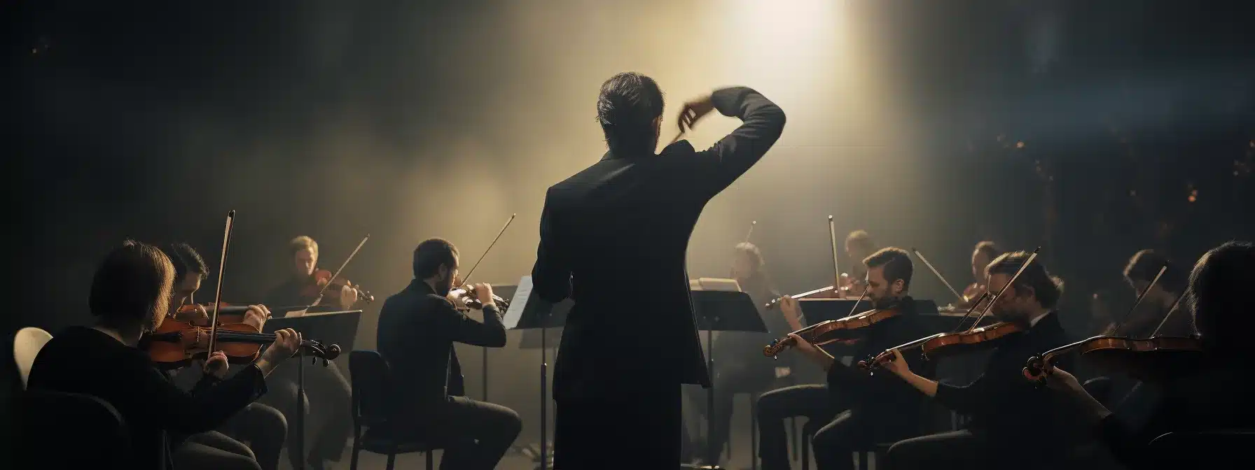 A Symphony Conductor Leading A Performance With A Diverse Group Of Musicians Playing Various Instruments.