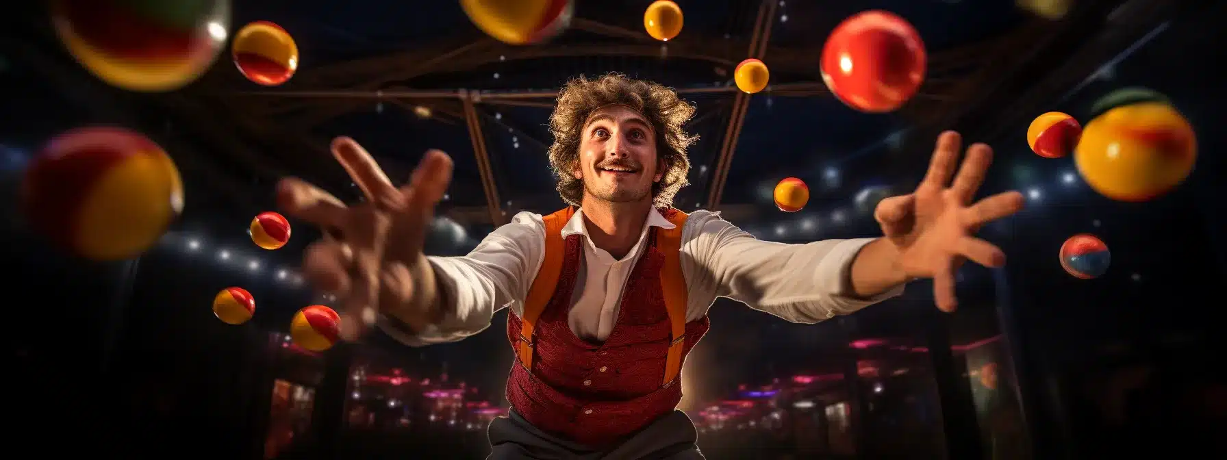 A Skilled Juggler Keeping All The Balls In The Air And Smoothly Rolling Together At A Carnival.