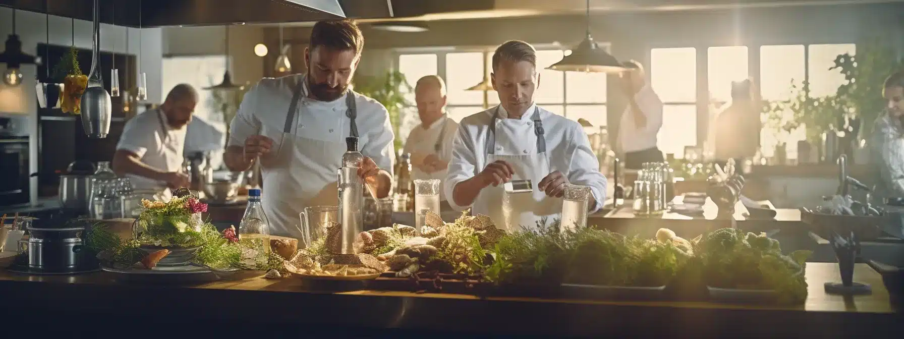 A Group Of Chefs Blending And Cooking Ingredients Together In A Bustling Kitchen.