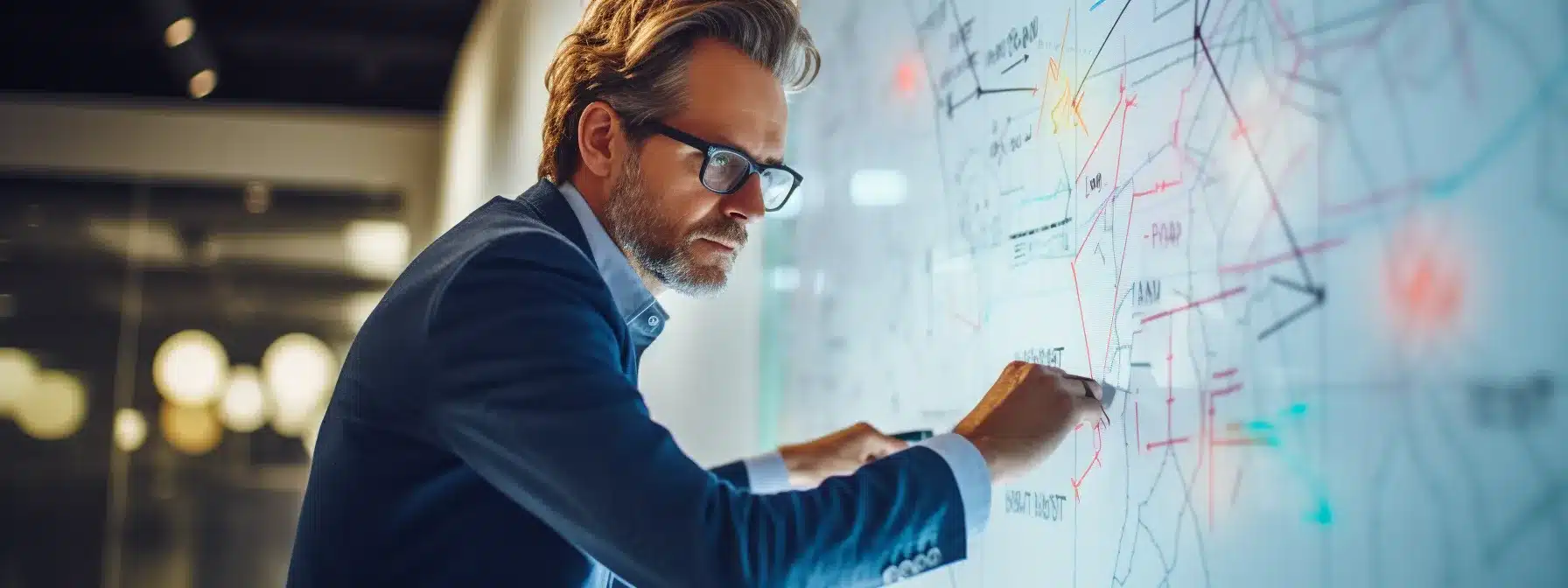 A Grand Strategist, Wearing Architect Glasses, Drawing Plans On A Large Whiteboard With Brand Strategy Keywords And Arrows Connecting Them.