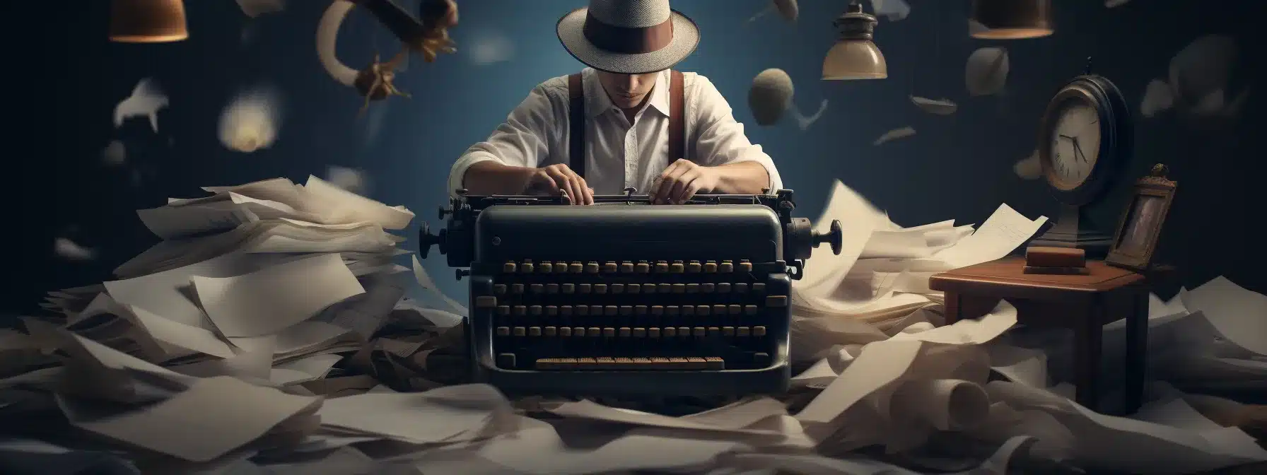 A Person Sitting At A Typewriter, Wearing A Creative Hat, With A Pile Of Papers In Front Of Them And A Magnifying Glass, Immersed In Deep Thought And Creativity.