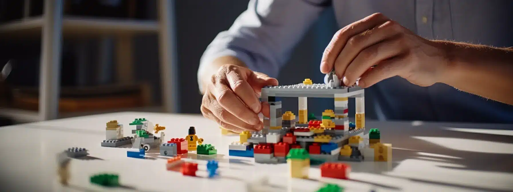 A Person Carefully Constructing A Lego Structure With Focused Determination.