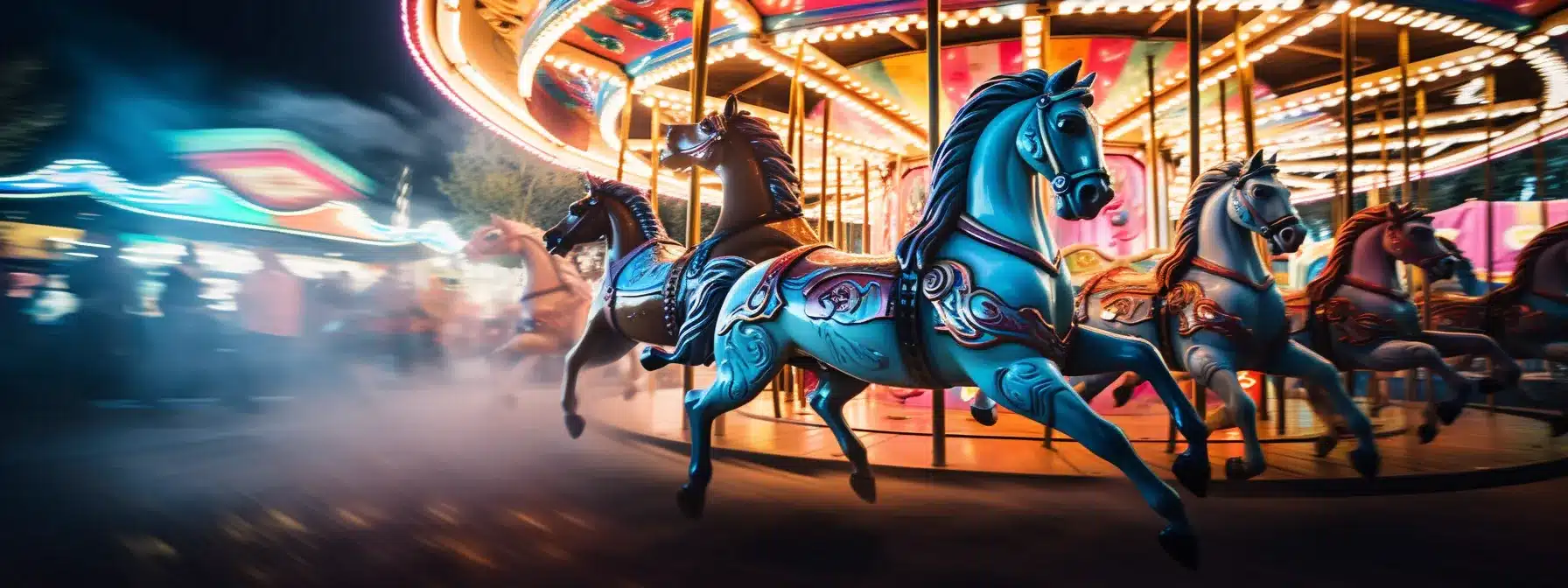 A Colorful Carousel With Flashing Lights And Vibrant Horses, Attracting A Crowd Of Eager Spectators.