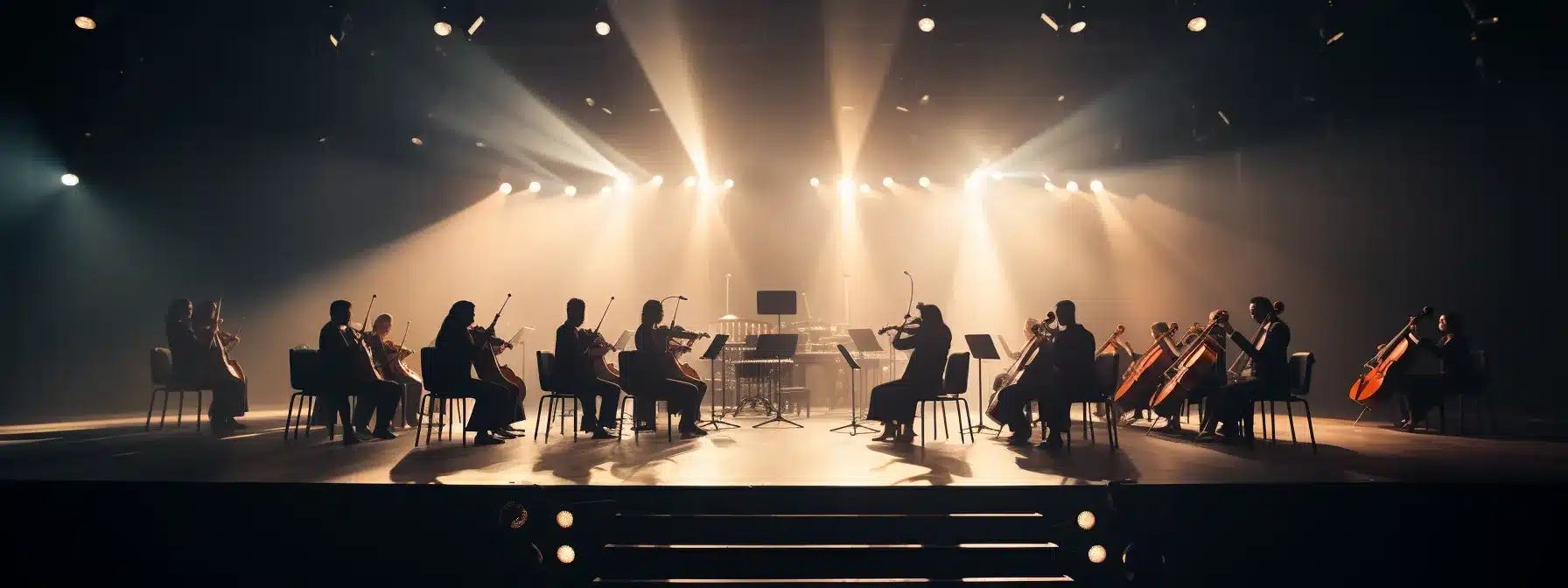 An Orchestra Playing A Symphony With A Spotlight Shining On Different Players At The Right Moments.