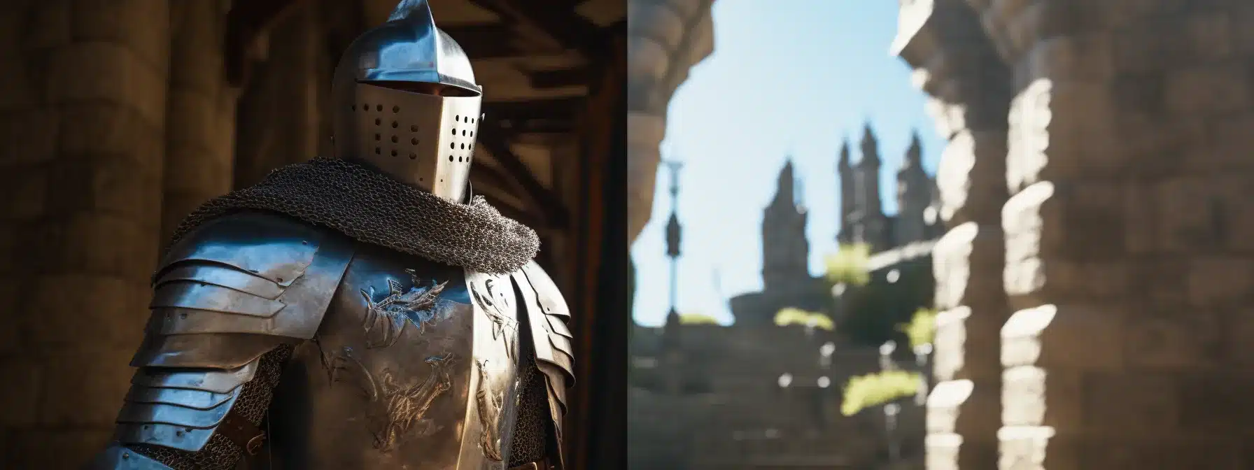 A Knight With A Shield And Sword Protecting A Castle.