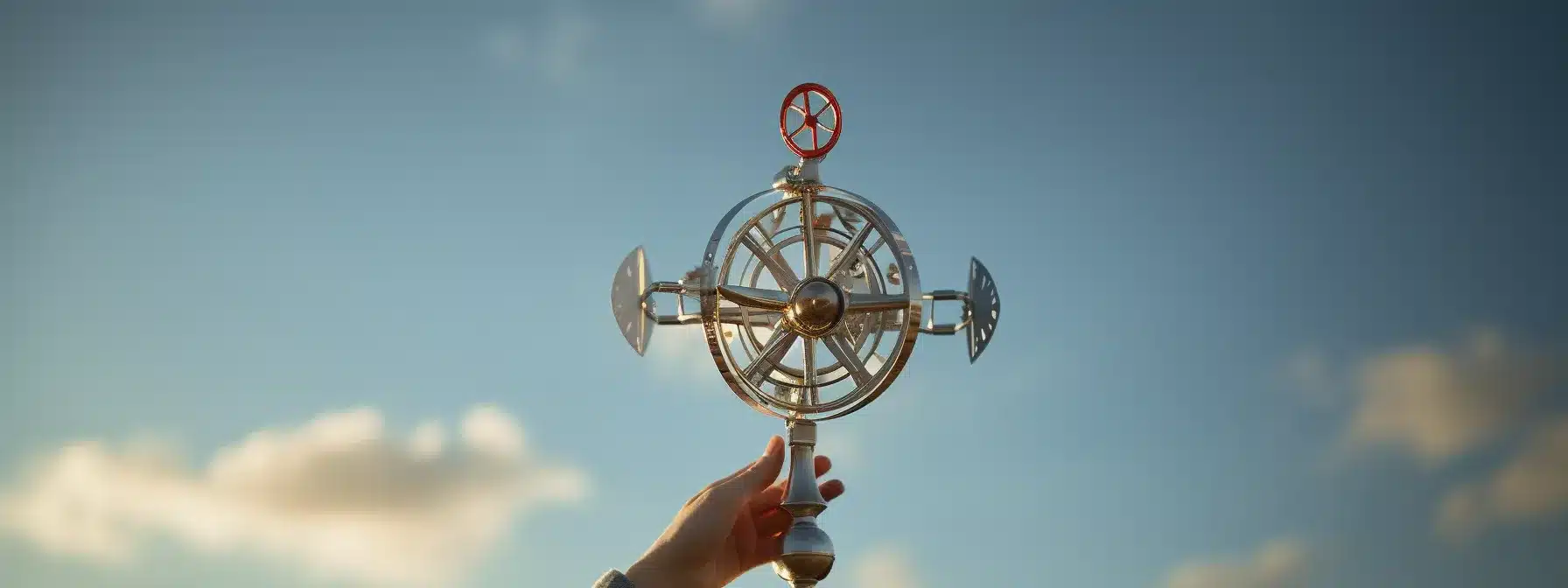 A Person Holding A Compass And Looking At A Rotating Weather Vane.