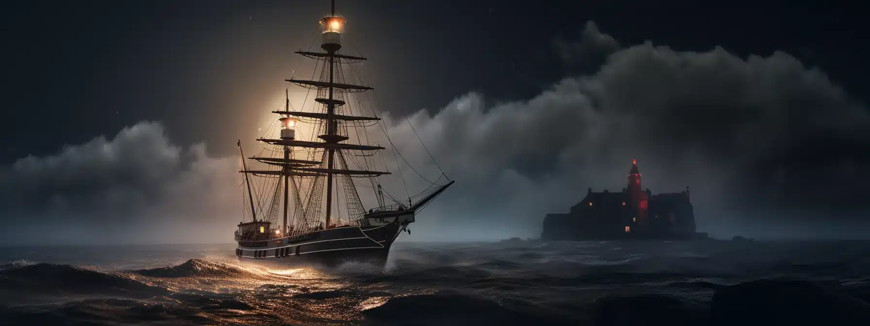 A Ship Sailing Towards A Lighthouse In The Dark Night.