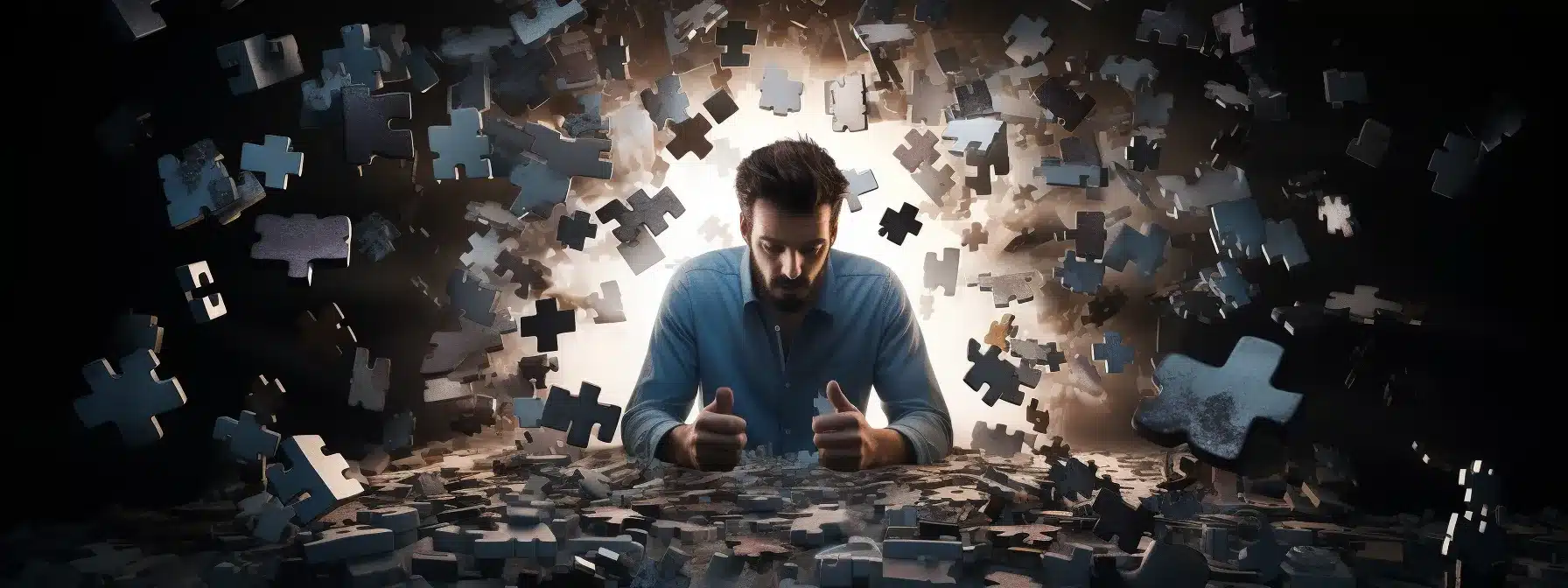 A Content Creator Surrounded By A Chaotic Puzzle Of Mismatched Puzzle Pieces.