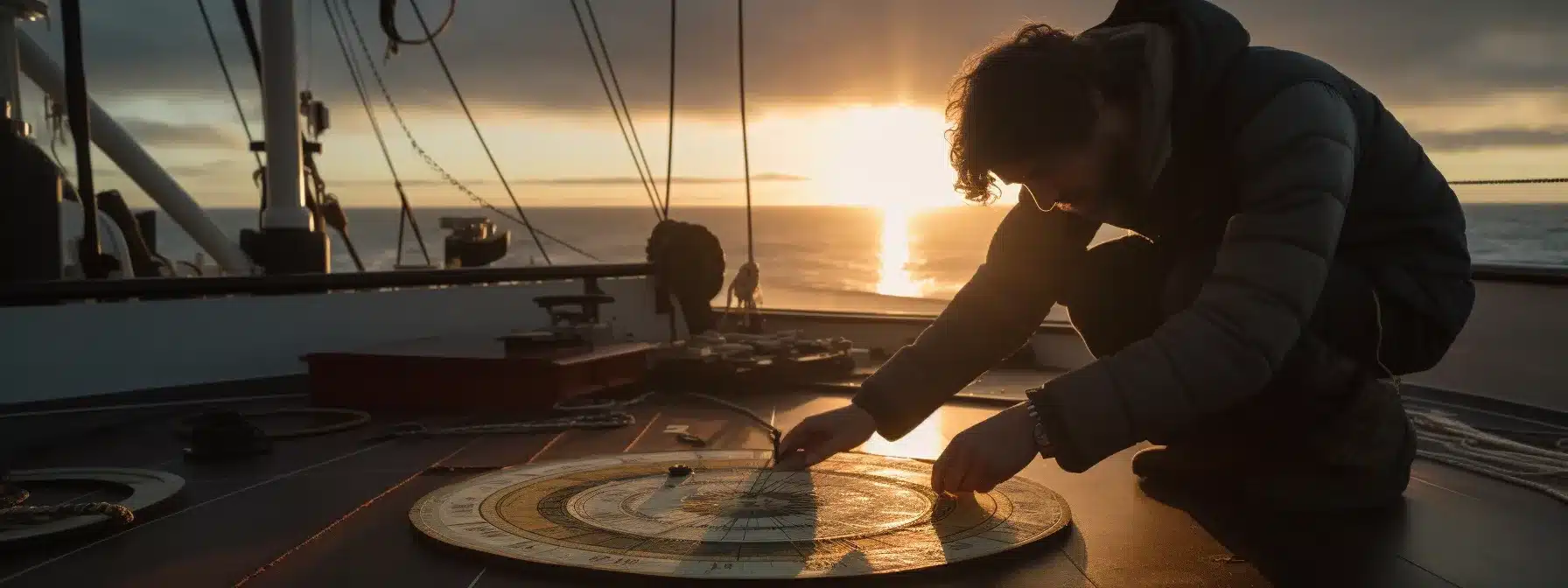 A Person Carefully Adjusting A Compass Needle On A Ship'S Deck, Surrounded By A Stormy Sea.