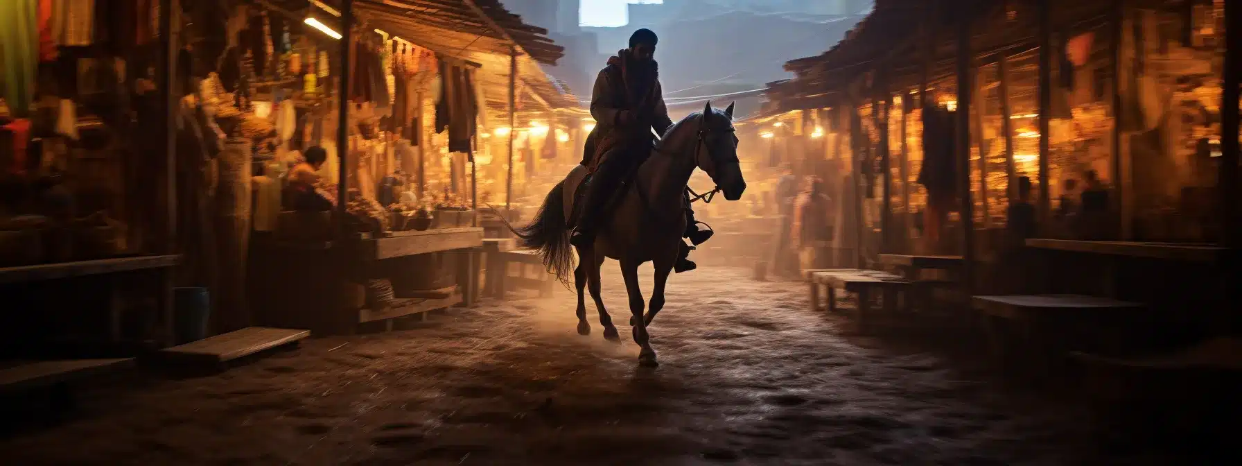 A Person Riding A Horse Through A Mountainous Marketplace With A Compass In Hand.