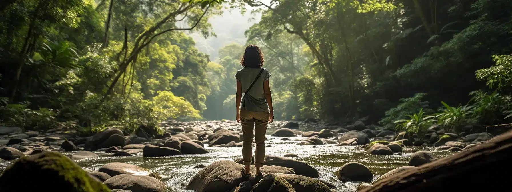 A Brand Manager Standing Amidst A Lush Forest, Overseeing A Flowing River Representing Their Brand'S Growth And Sustainability.