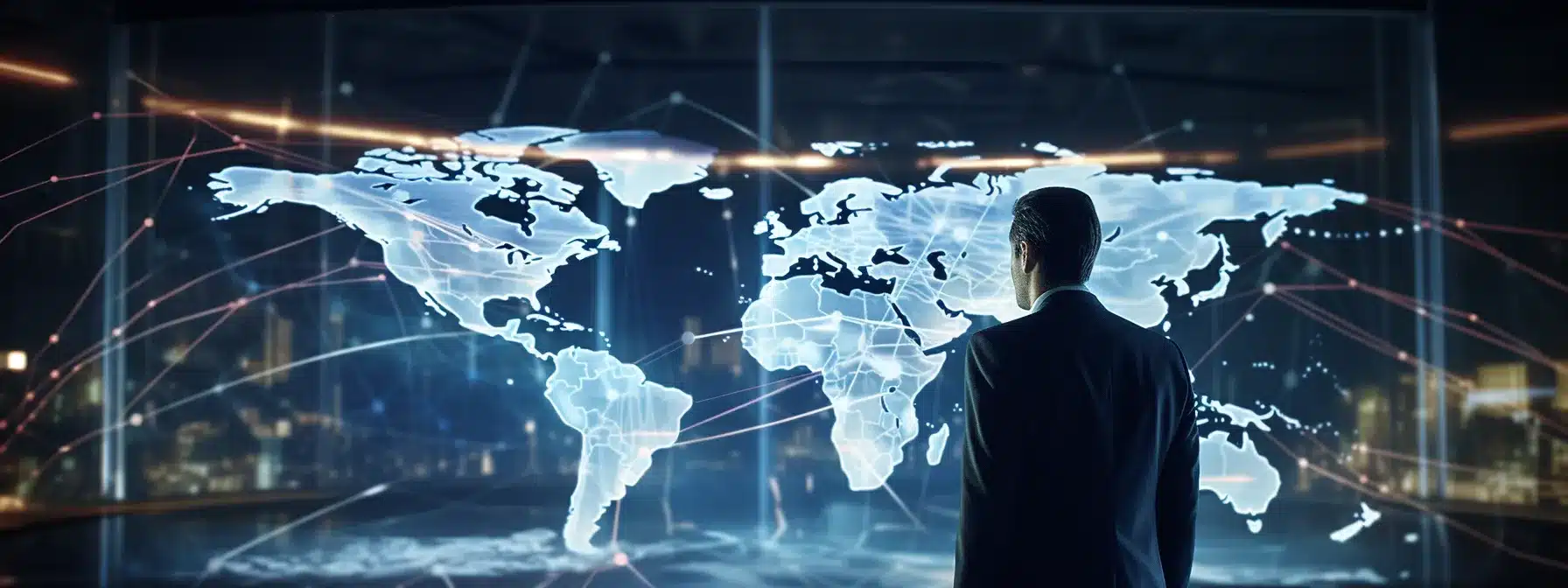 A Ceo Observing A Dynamic World Map With Technology Reshaping Their Brand'S Global Journeys.