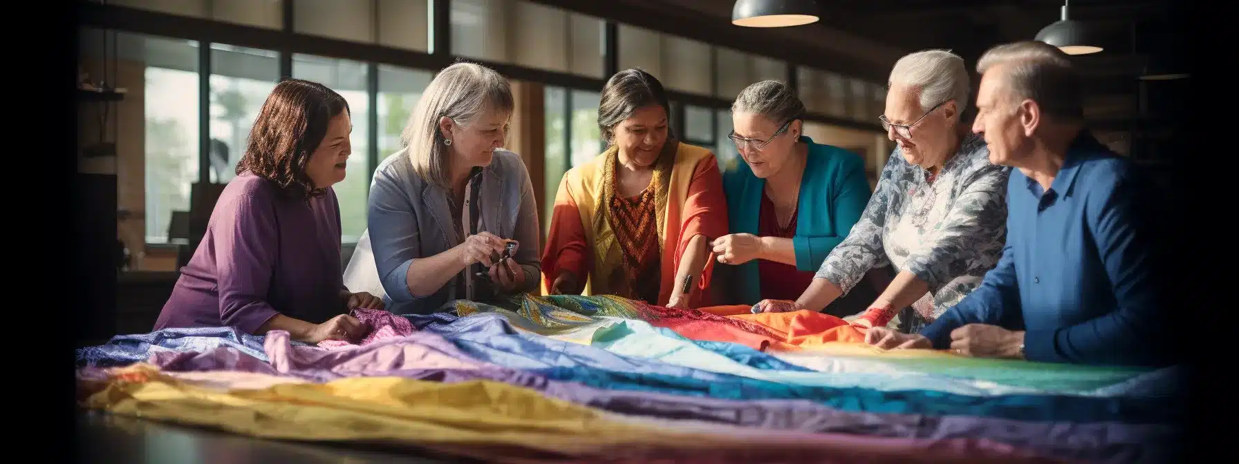 A Group Of Senior Leaders Sewing Together Pieces Of Colorful Fabric To Create A Vibrant Tapestry That Reflects The Company Values.