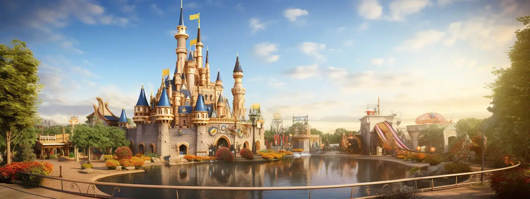 A Theme Park With A Captivating Roller Coaster Surrounded By A Fairy-Tale Castle And Welcoming Gate.