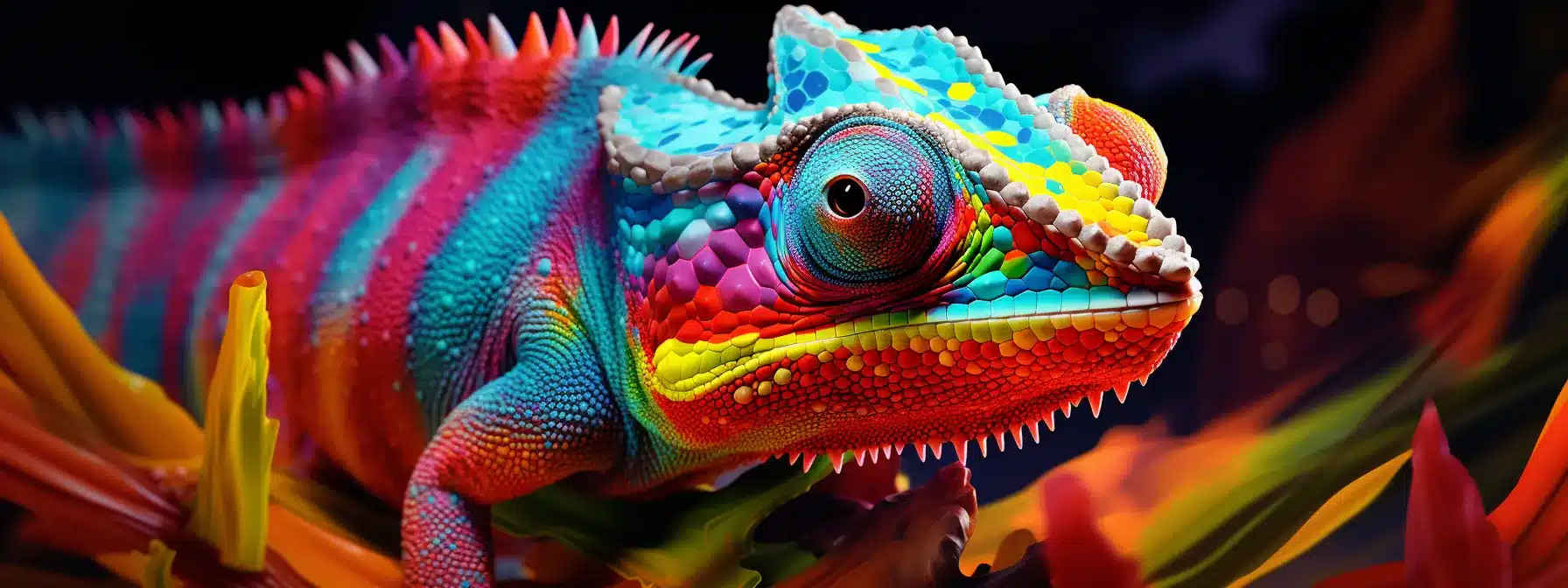 A Vibrant Canvas Painting Depicting A Chameleon Blending Into A Kaleidoscope Of Colors.
