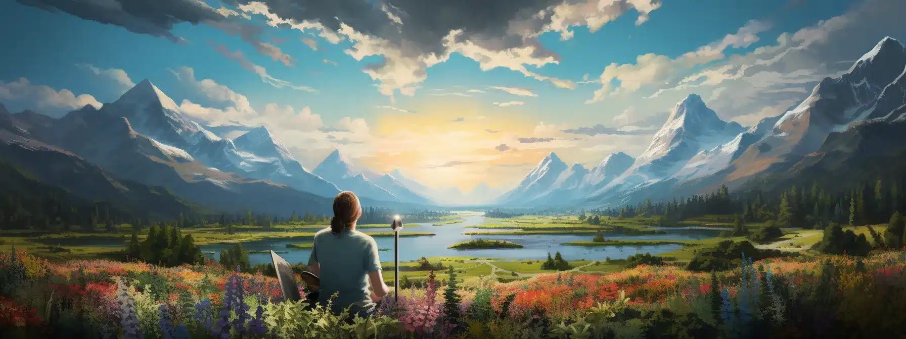 A Person Painting A Vibrant Landscape With Different Strokes Of Content.