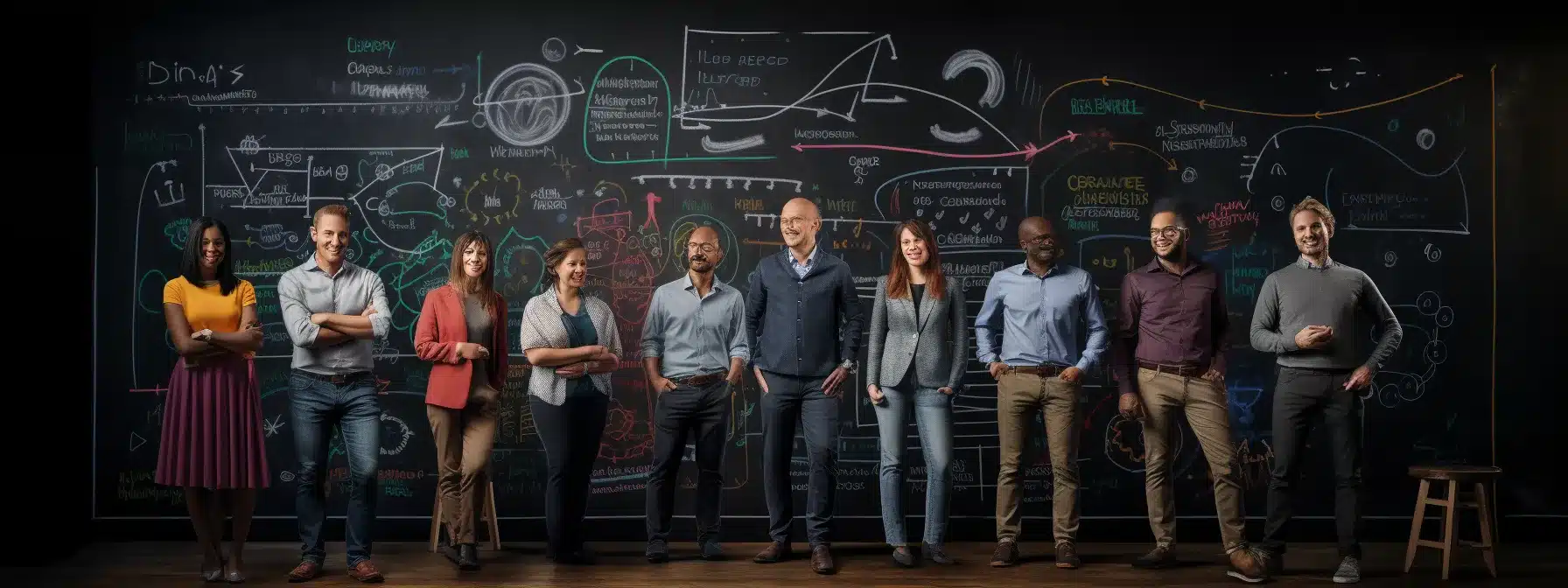 A Group Of Entrepreneurs Standing In Front Of A Chalkboard With Diagrams And Charts Illustrating Effective Brand Positioning Strategies For Start-Ups.