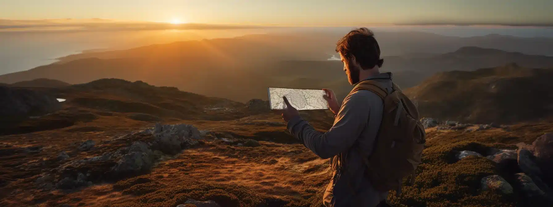 A Person Holding A Compass And A Map, Examining And Adjusting Them While Standing On A Cliff Overlooking A Vast Landscape.
