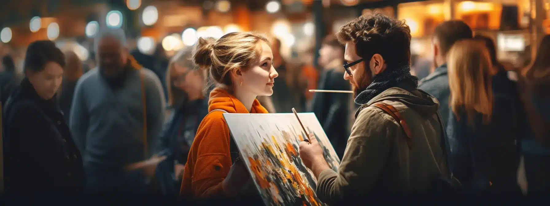 A Painter Artistically Incorporates Customer Experience Insights Into A Blank Canvas, Creating A Captivating Masterpiece To Attract Passersby In A Crowded Marketplace.