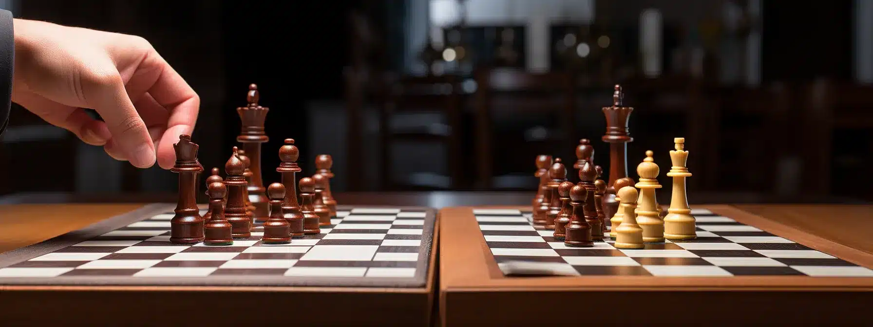 Two Chess Boards Side By Side With One Player Intently Studying The Other'S Moves.