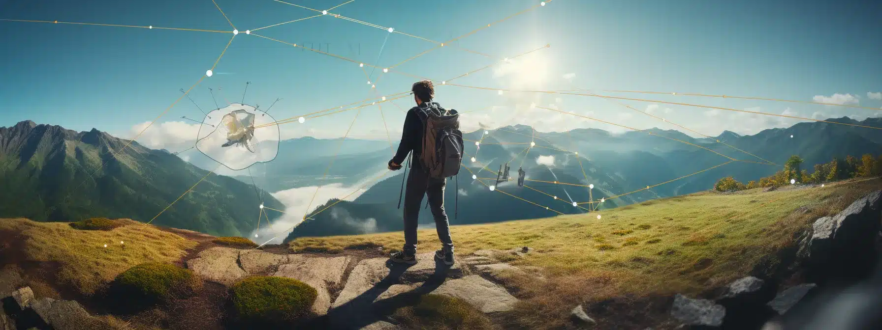 A Person Carefully Balancing On A Tightrope Between Raising Brand Image And Improving Customer Experience, With A Map And Tools In Their Backpack, While Avoiding The Dangers Of Anonymity.