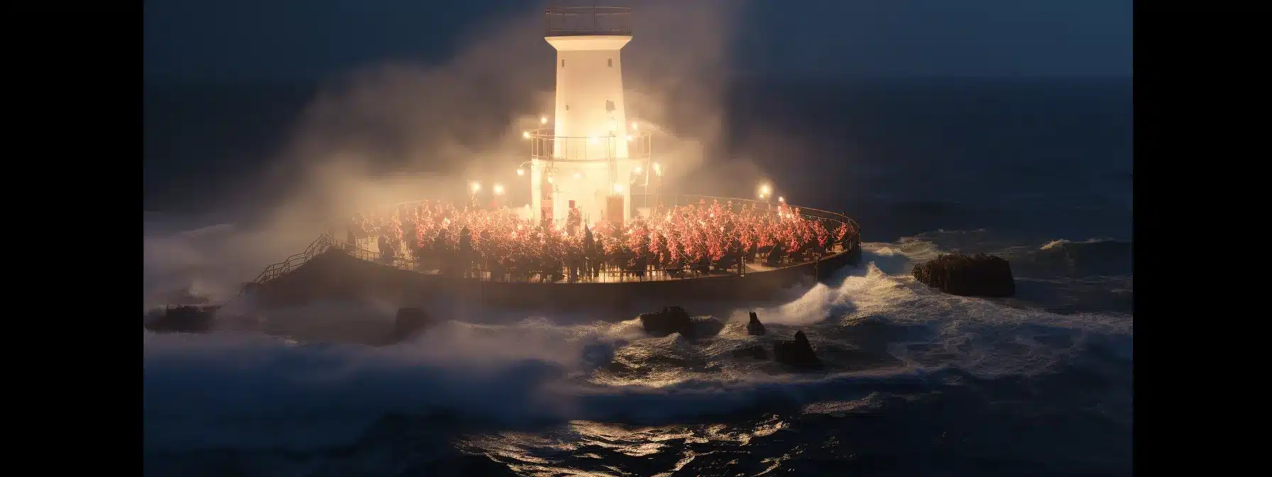 A Lighthouse Beacon Illuminating A Chaotic Sea While A Symphony Orchestra Plays In The Background.