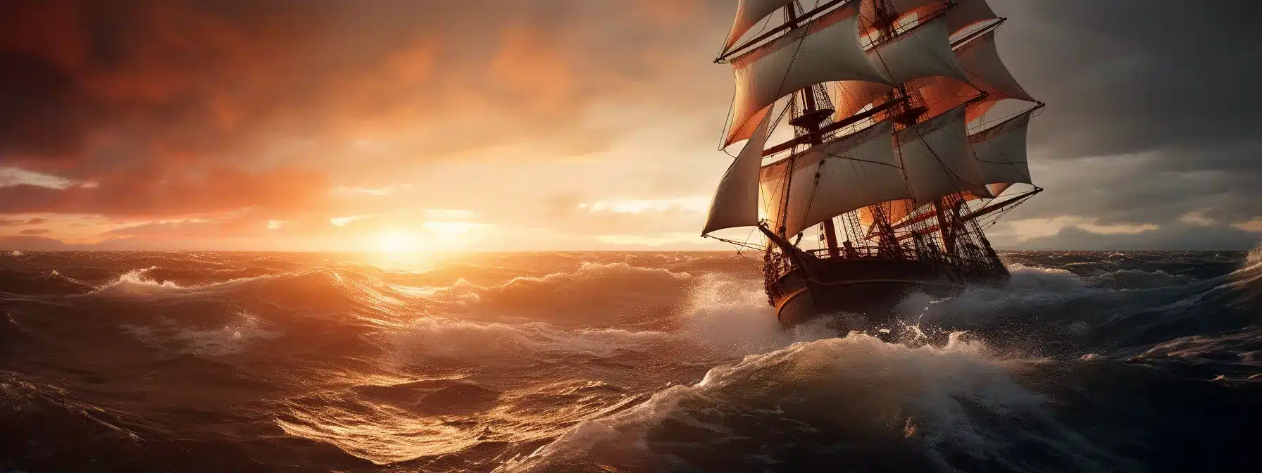 A Ship With A Brand Flag Sailing Through Stormy Waters Towards The Sunset, Avoiding Rocks.