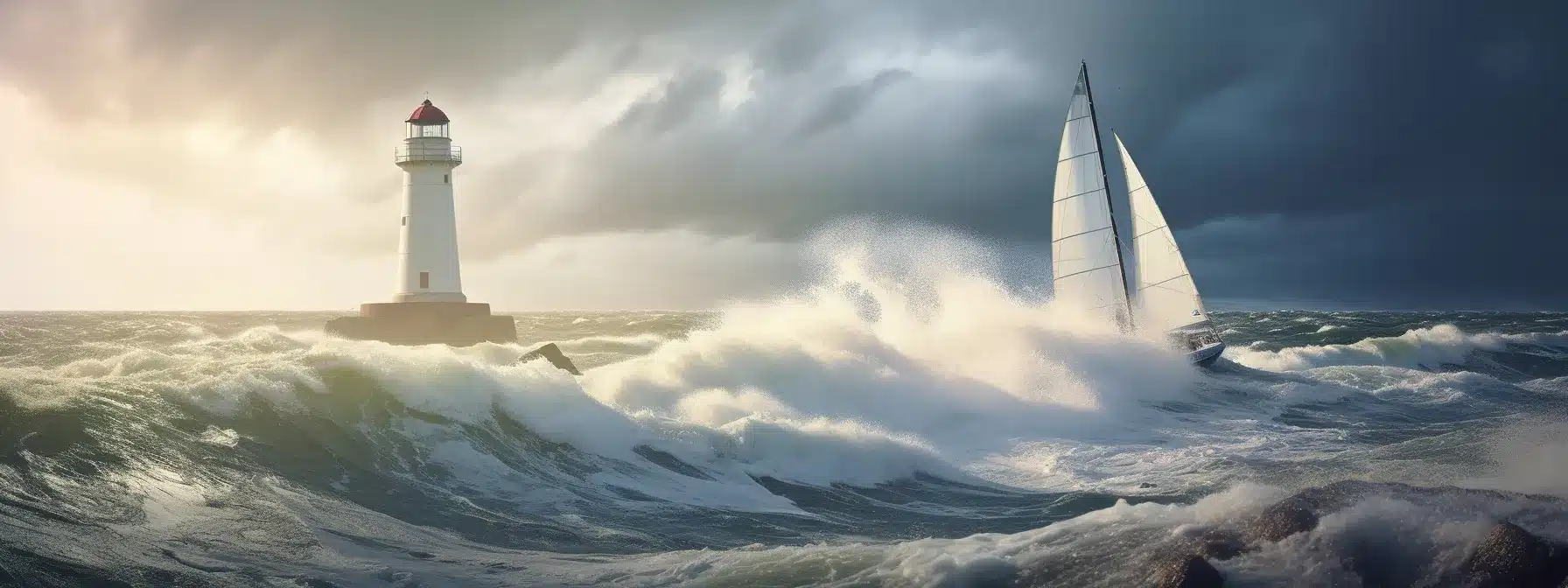 A Sailboat Navigating Through A Stormy Sea With A Lighthouse Guiding Its Way.