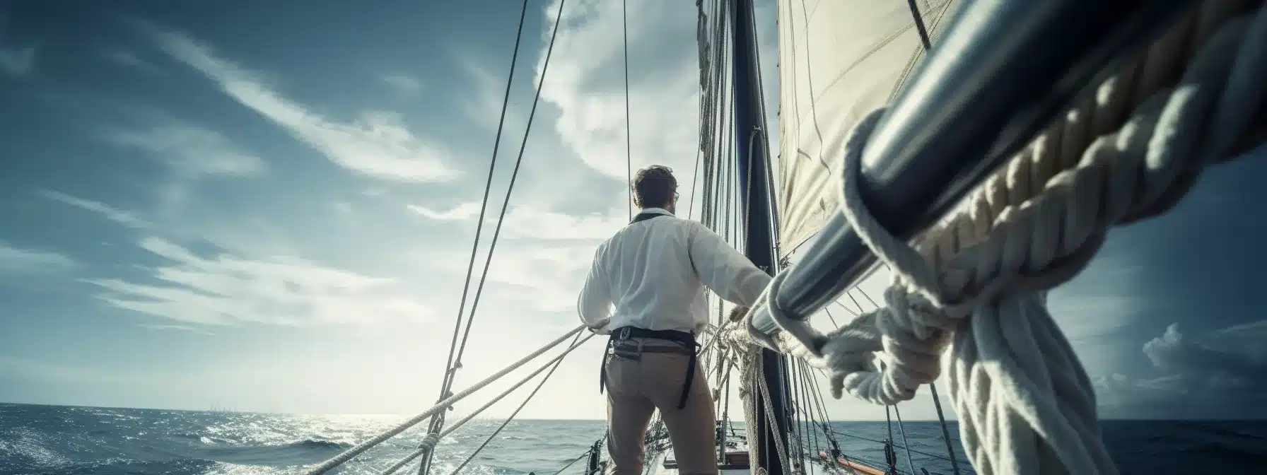 A Captain Adjusting The Sails Of A Ship In A Vast Ocean, Keeping A Vigilant Eye On The Compass And The Changing Wind Direction.