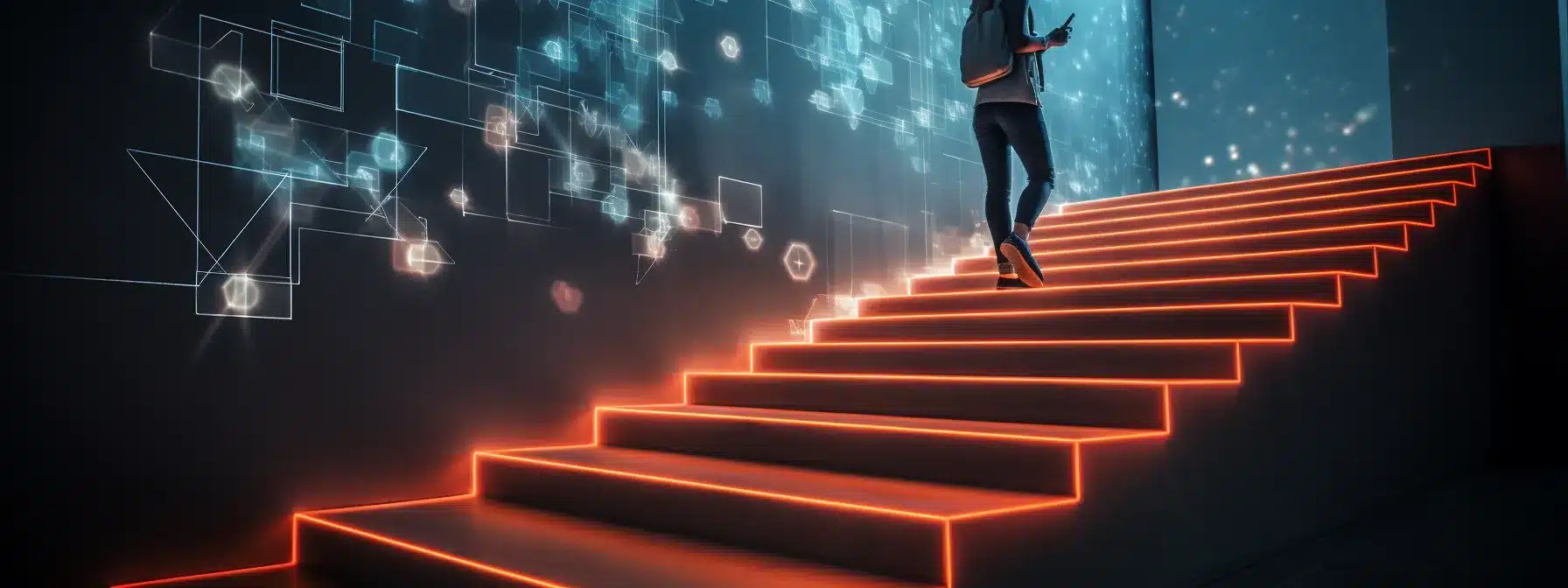 A Person Standing On A Staircase With Digital Elements Surrounding Them, Representing The Strategic Enhancement Of Brand Positioning.