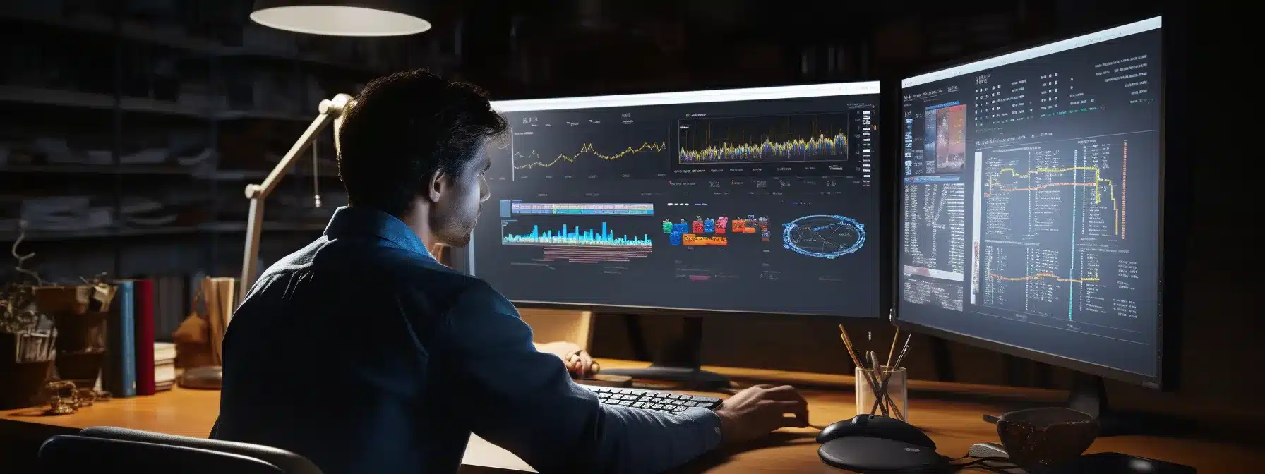 A Person Sitting At A Desk, Surrounded By Various Monitors Displaying Data Analytics And Social Media Metrics, With A Notepad And Pencil In Hand.