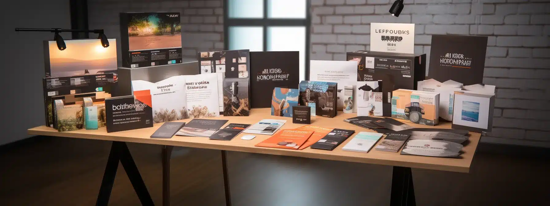 A Table Covered With Marketing Materials, Logos, And Brand Guidelines.