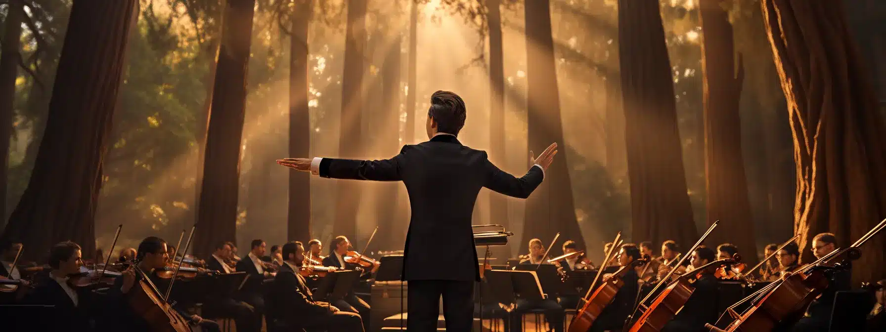 A Symphony Orchesta Playing Together With A Sequoia Tree In The Background.