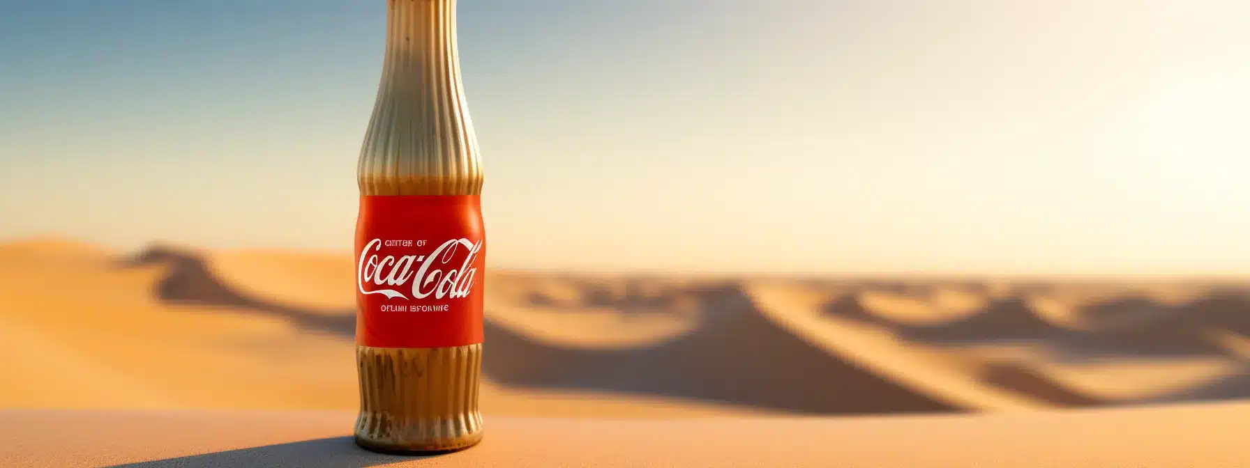 A Close-Up Shot Of A Coca-Cola Bottle Standing Tall On A Sandy Desert.