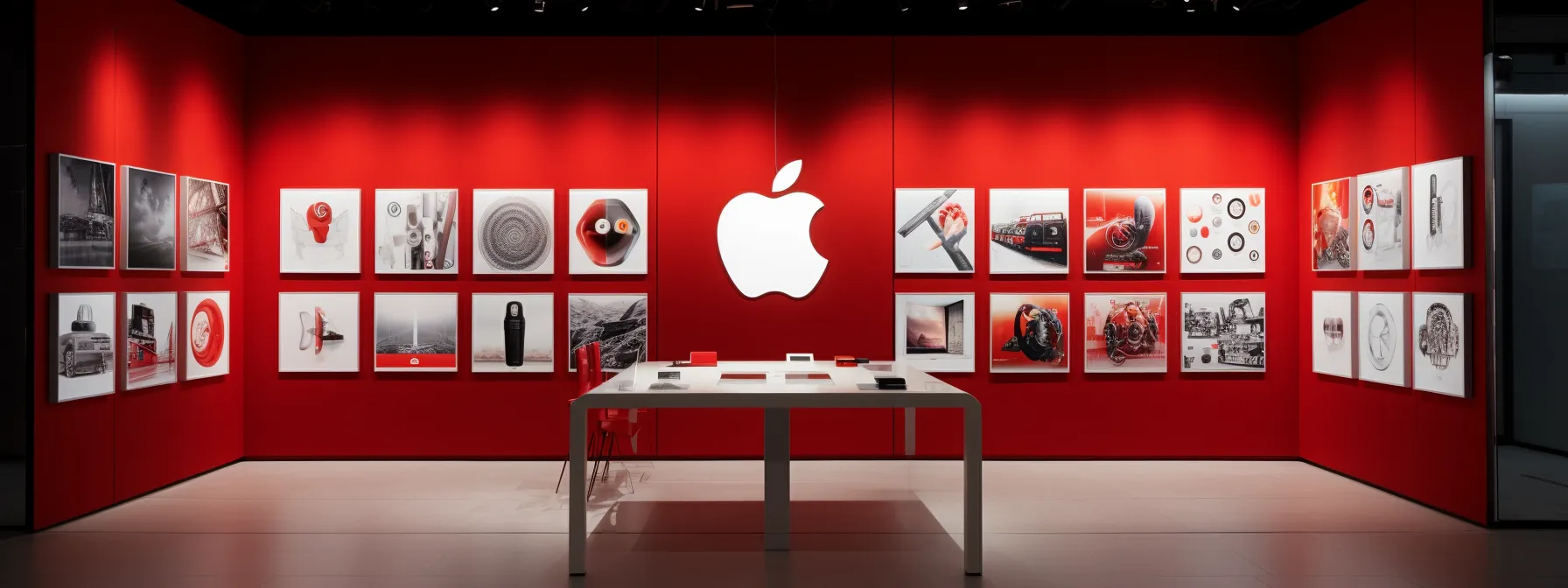 A Gallery Showcasing Masterpieces Of Corporate Branding Strategies With The Apple Logo, The Tesla Brand, And The Netflix Red 'N'.