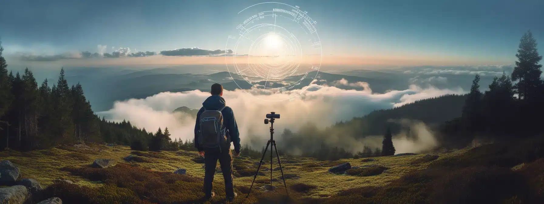 A Person Standing On A Mountaintop, Surrounded By Data-Filled Clouds And Holding A Compass, Guiding Them Through The Forest Below.