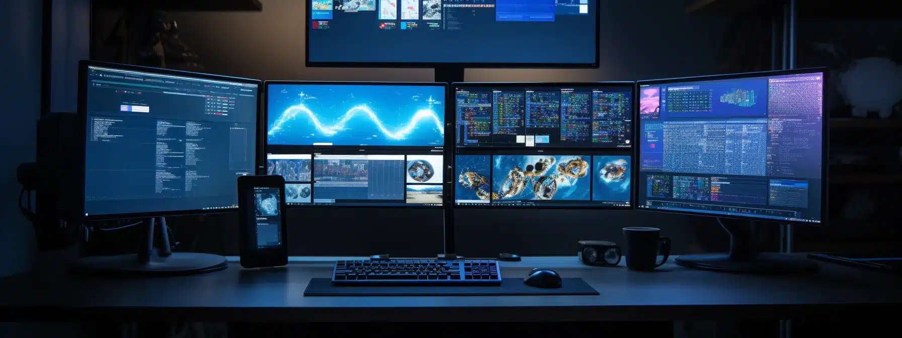 A Person At A Computer Desk Surrounded By Various Screens Displaying Social Media Profiles And Analytics.