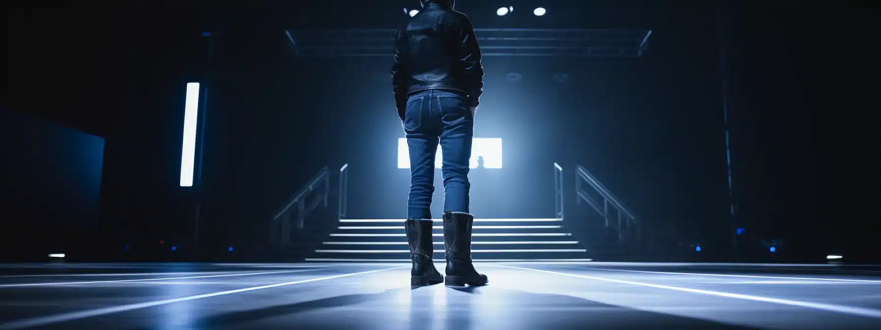 A Person Wearing Boots Standing In The Center Of A Stage.