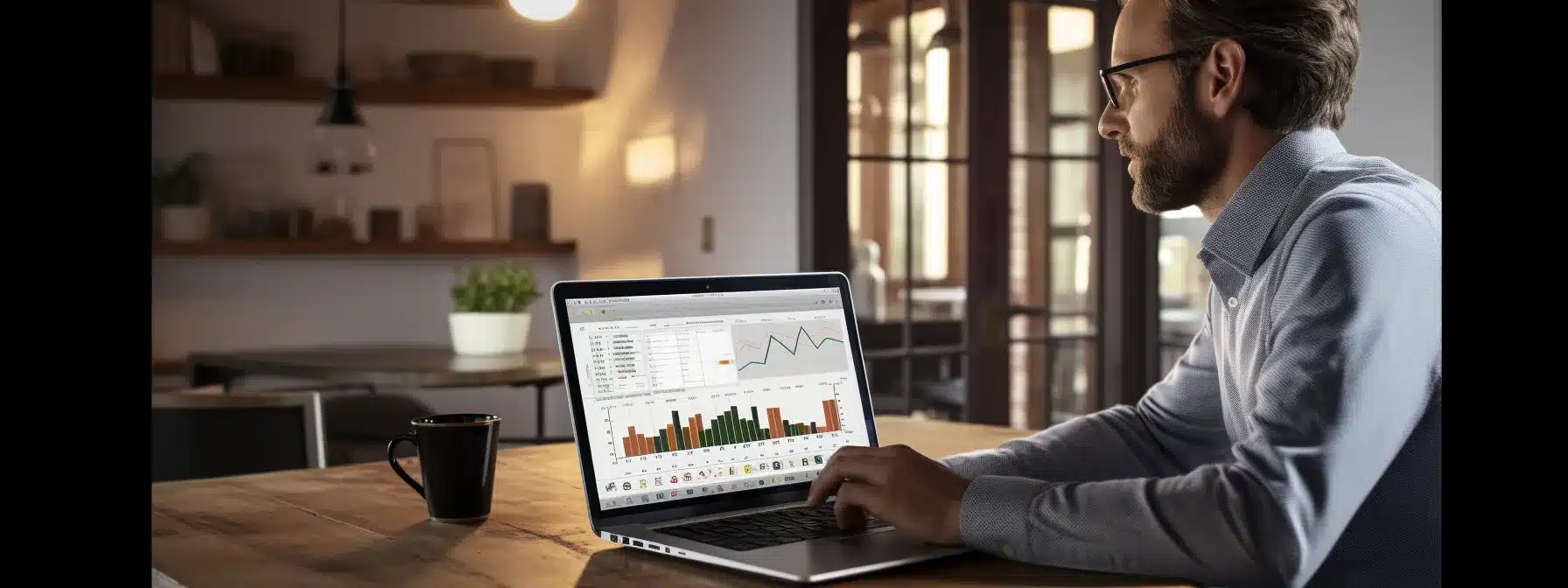 Business Owner Looking At Case Studies Of Successful Brands On A Laptop, Surrounded By Charts And Graphs.