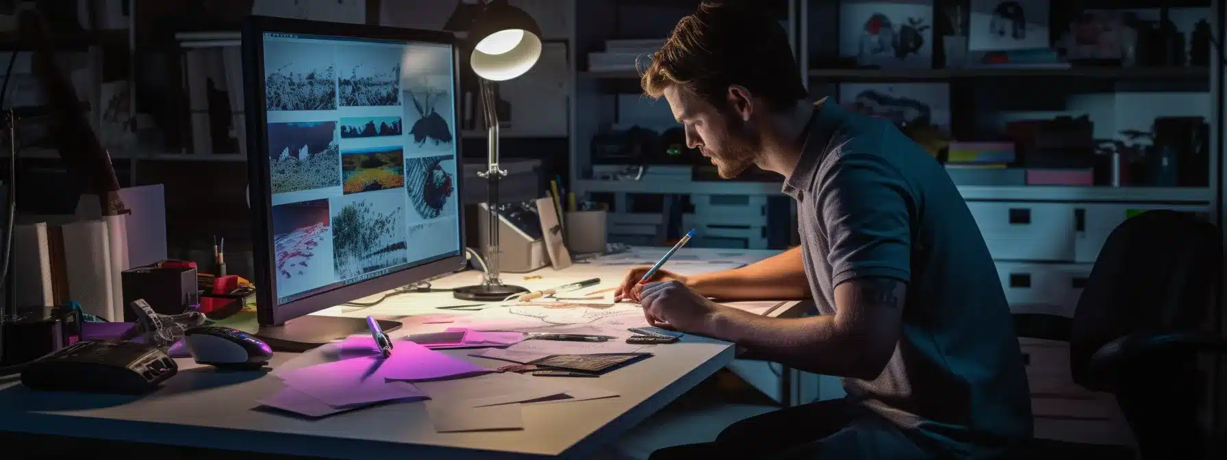 A Designer Working On A Computer, Surrounded By Sketches And Brand Color Samples, Brainstorming And Crafting A New Brand Identity.