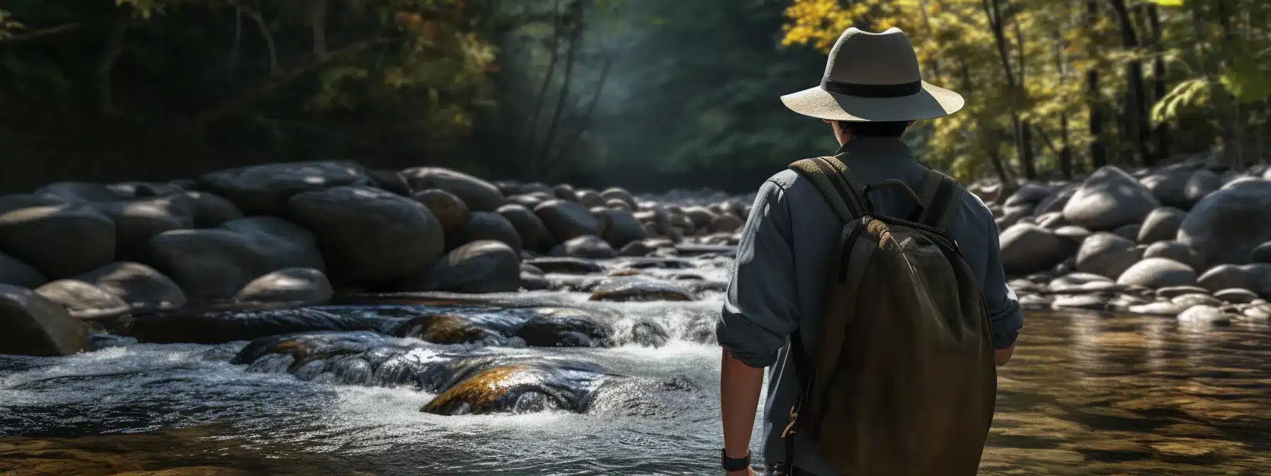 A Person Wearing An Explorer Hat, Navigating Across Stepping Stones In A Rushing River.