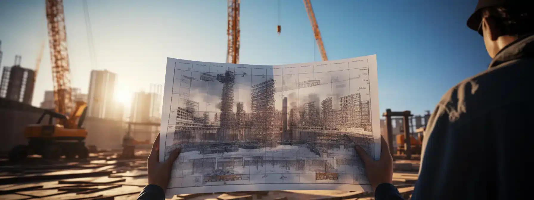 A Person Holding A Blueprint And Standing In Front Of A Construction Site With A Skyscraper Being Built In The Background.