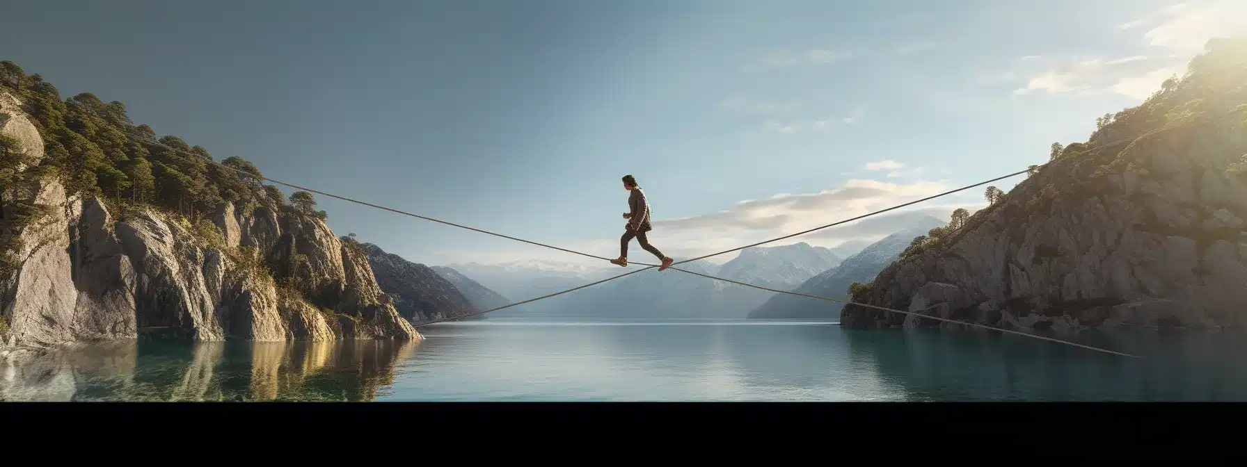 A Person Walking On A Tightrope Between A Mountain And A Shore.