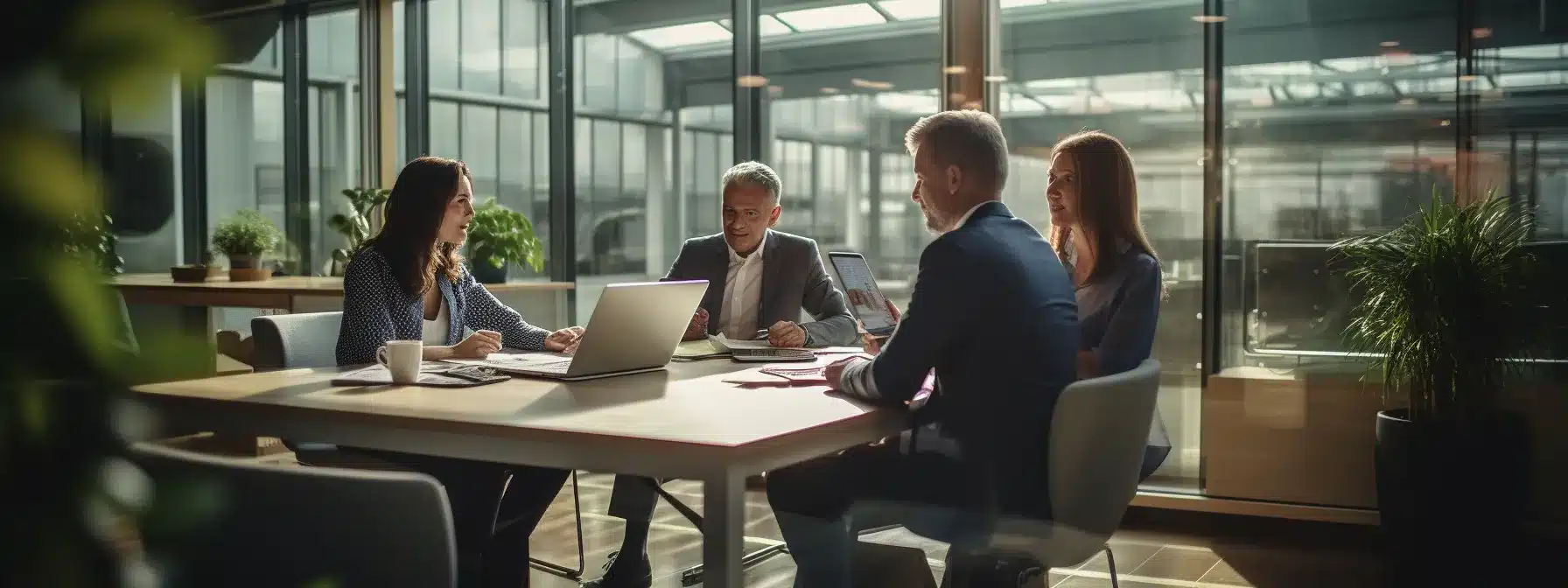 A Group Of Business Executives Discuss Brand Management Strategies In A Modern Office Setting.