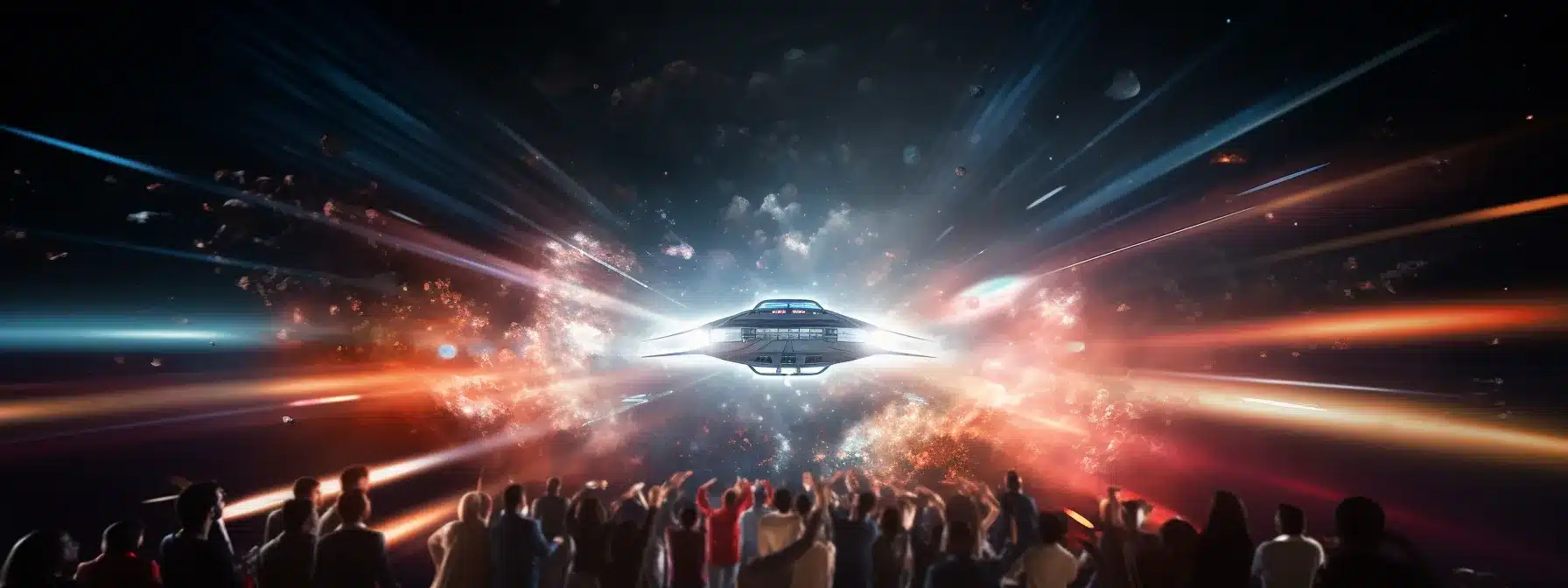 A Spaceship Soaring Through The Cosmos, Guided By Google Analytics And Fueled By Hubspot, With A Crew Of Target Audience Members Dancing To The Rhythm Of Analytics And Feedback.