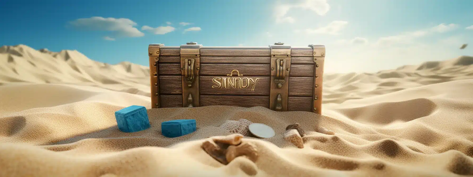 A Treasure Chest Being Unearthed From Shifting Sands, With A Brand Logo On It.