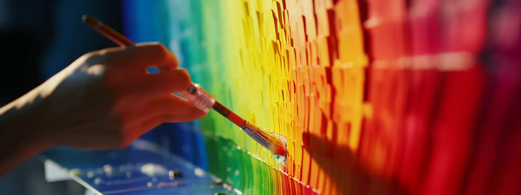 A Person Holding A Paintbrush, Creating A Vibrant Rainbow On A Canvas.