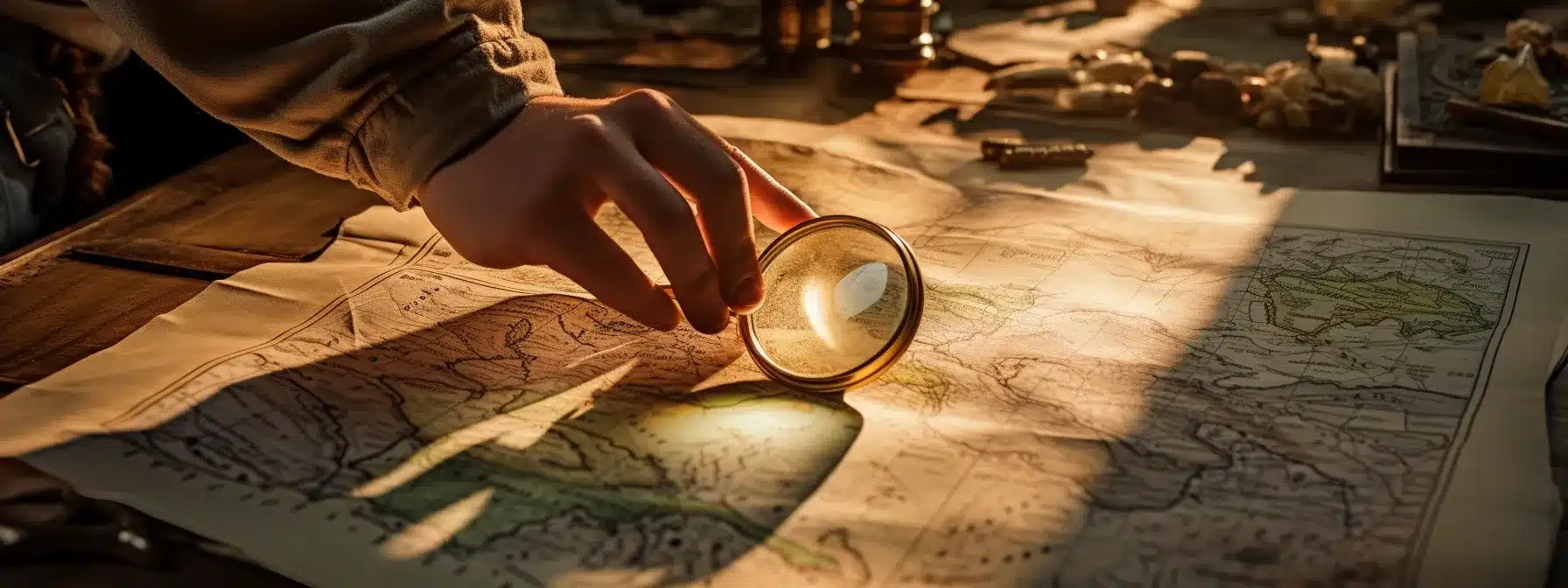 A Person Holding A Map And A Magnifying Glass, Searching For Clues In A Treasure Chest.