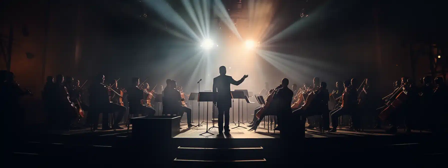 A Conductor Stands Before A Bustling Orchestra, Guiding Each Instrument As They Play In Harmony To Create A Melodious Symphony.
